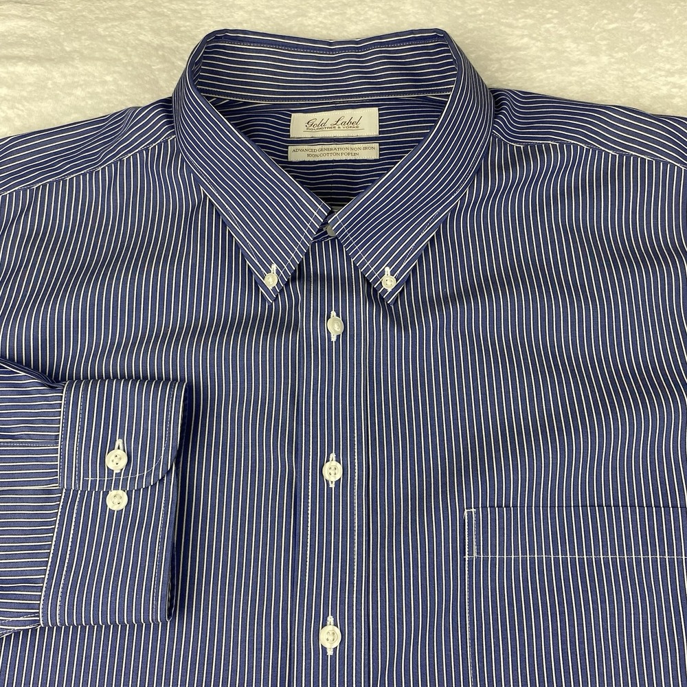 Roundtree & Yorke Gold Label Dress Shirt Mens 20-36/37 TALL Blue/White Pinstripe